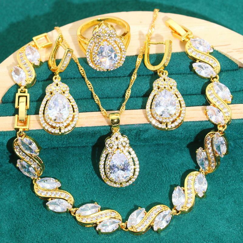 Korean Version of Ultra Shimmering Micro Inlay Jewelry Anti-allergic Zircon Bracelet Necklace Earrings Jewelry Set