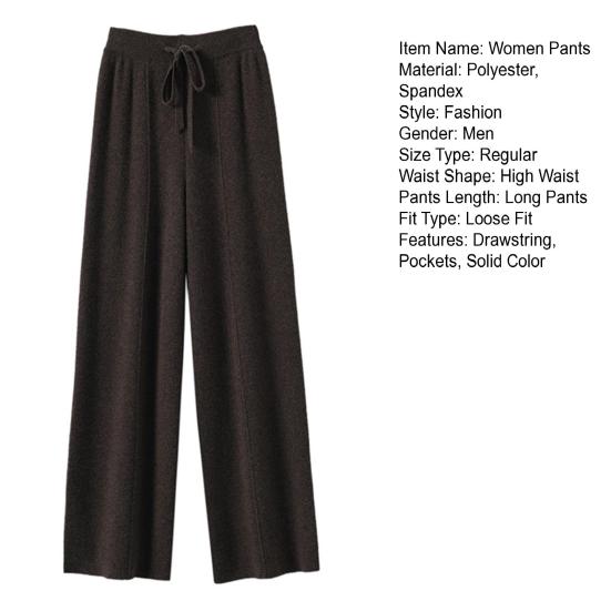 Women Long Pants Elastic High Waist Wide-Leg Knitted Pants with Pockets Solid