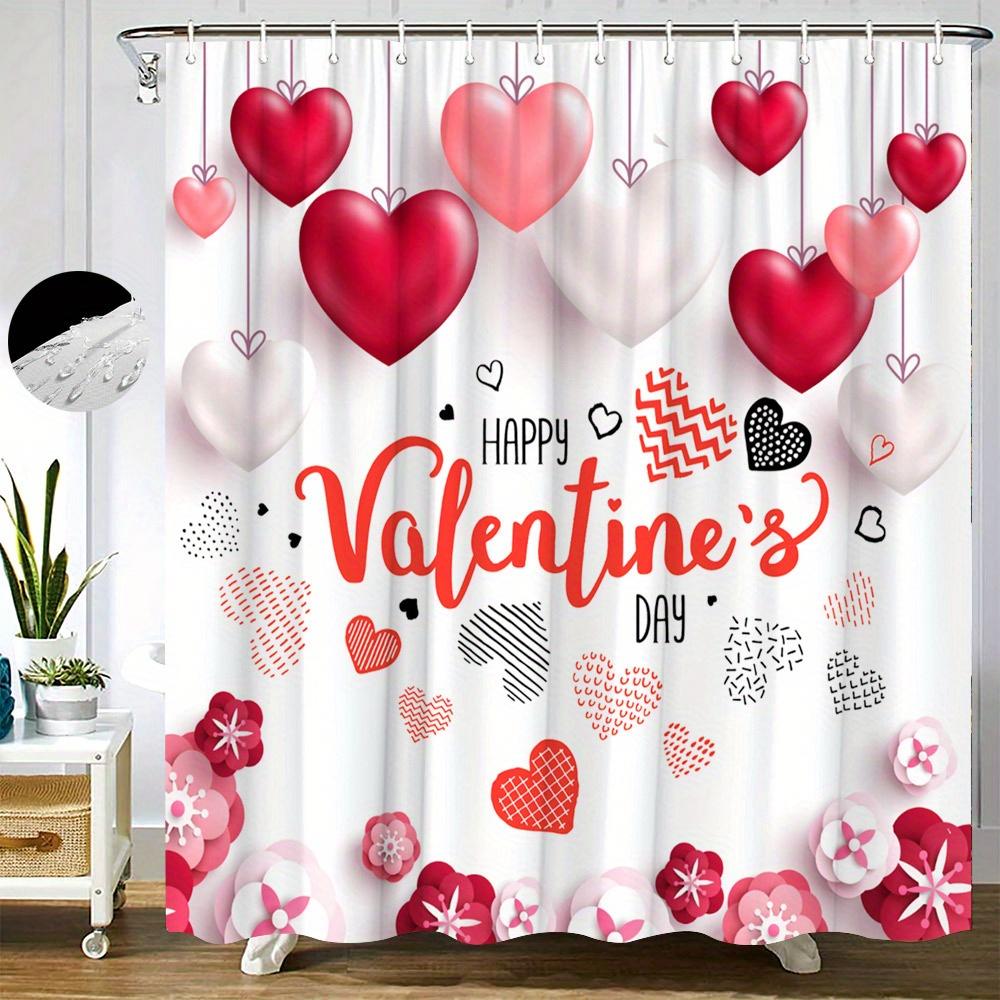 1pc Valentine's Day Shower Curtain - Heart & Floral Balloons, White Background, Red & Pink Flowers,Text: 'Happy Valentine's Day'