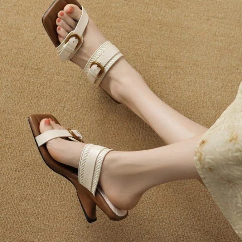 2024 Fashion Strange Style High Heels Slides Women Buckle Straps Slippers Summer Shoes Open Toe Beige