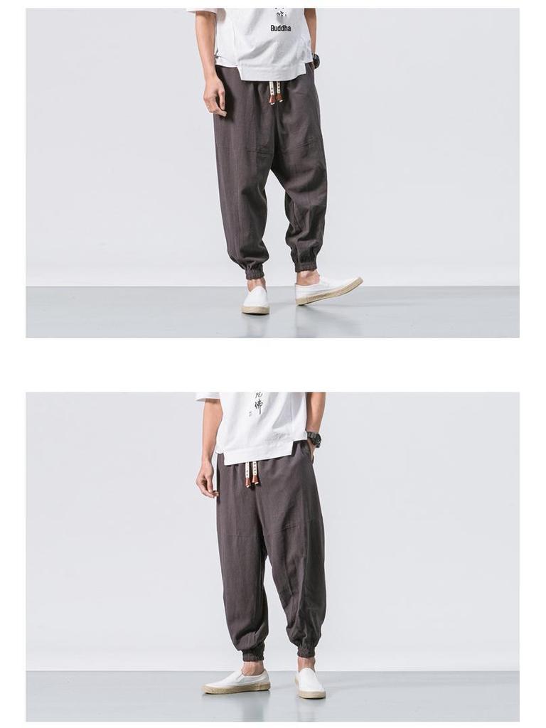 2022 Men's Loose Linen Ankle-Length Drawstring Trousers - Youthful Spring/Summer Style, Plus Size, Solid Color.