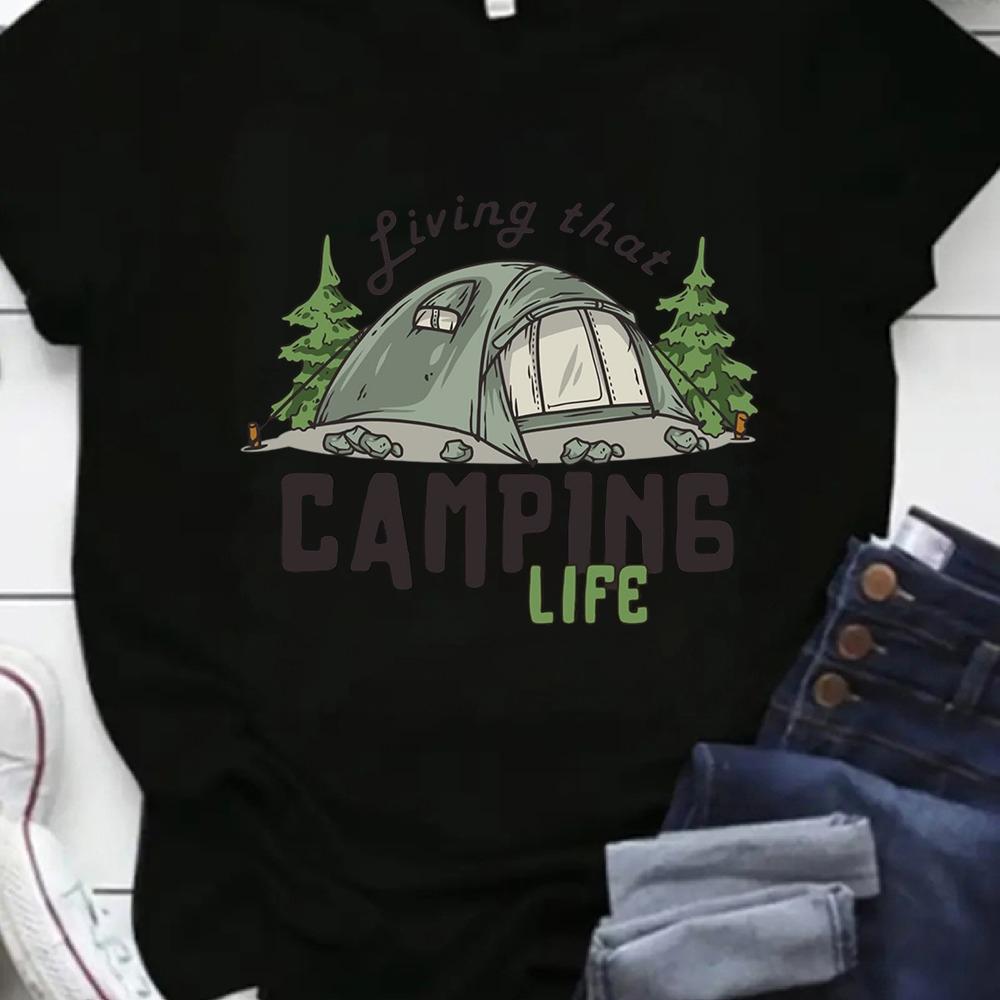 Women French Van Camping Print T Shirt Short Sleeve O-Neck Tops Adventure Graphic Tees Travel Tops