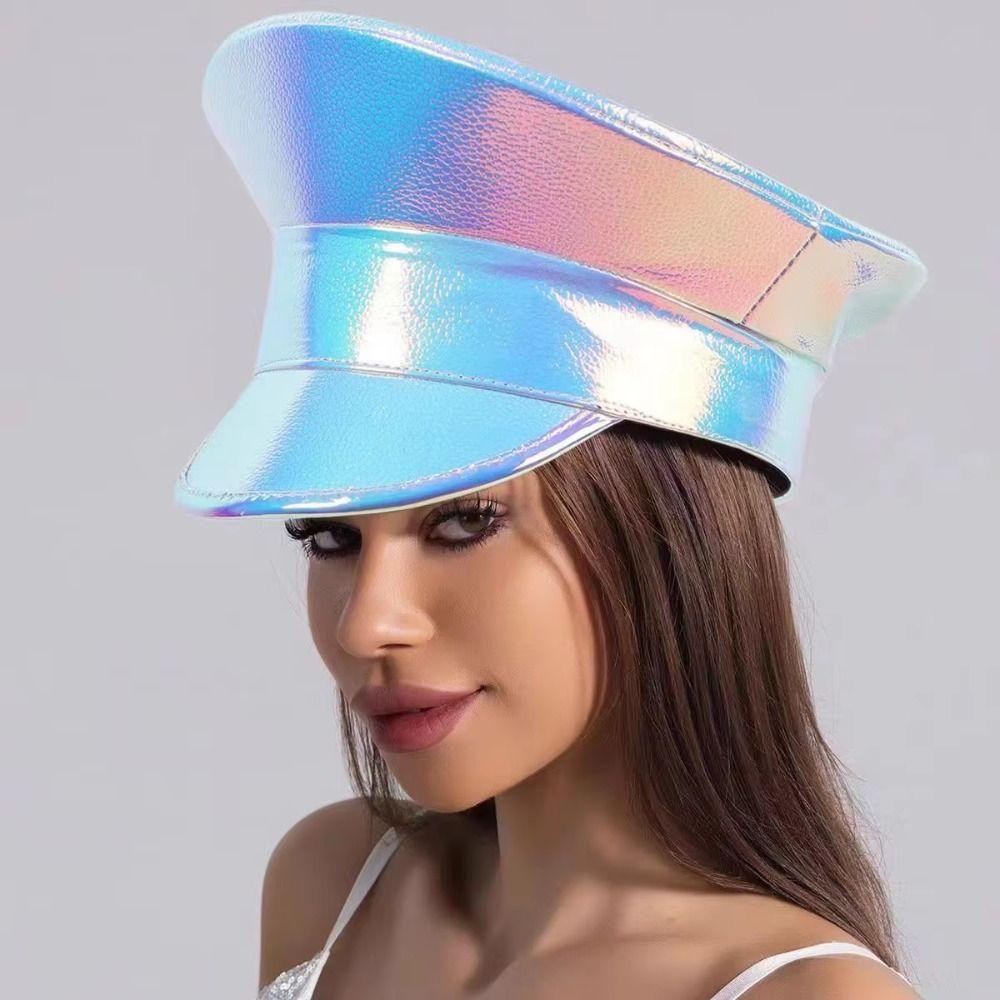 Summer Hat PU Leather Laser Hats Waterproof Sunscreen Leather Beret UV Protection Flat Caps Party Hat Cosplay Show