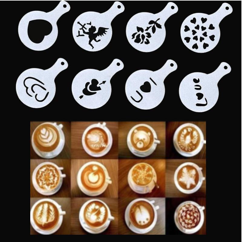 [i Cafilas][SS] 1PC Stainless Steel Chocolate Shaker Cocoa Flour Sugar Powder Coffee Sifter +8 PCS Coffee Stencils Template +1 Gold Spoon