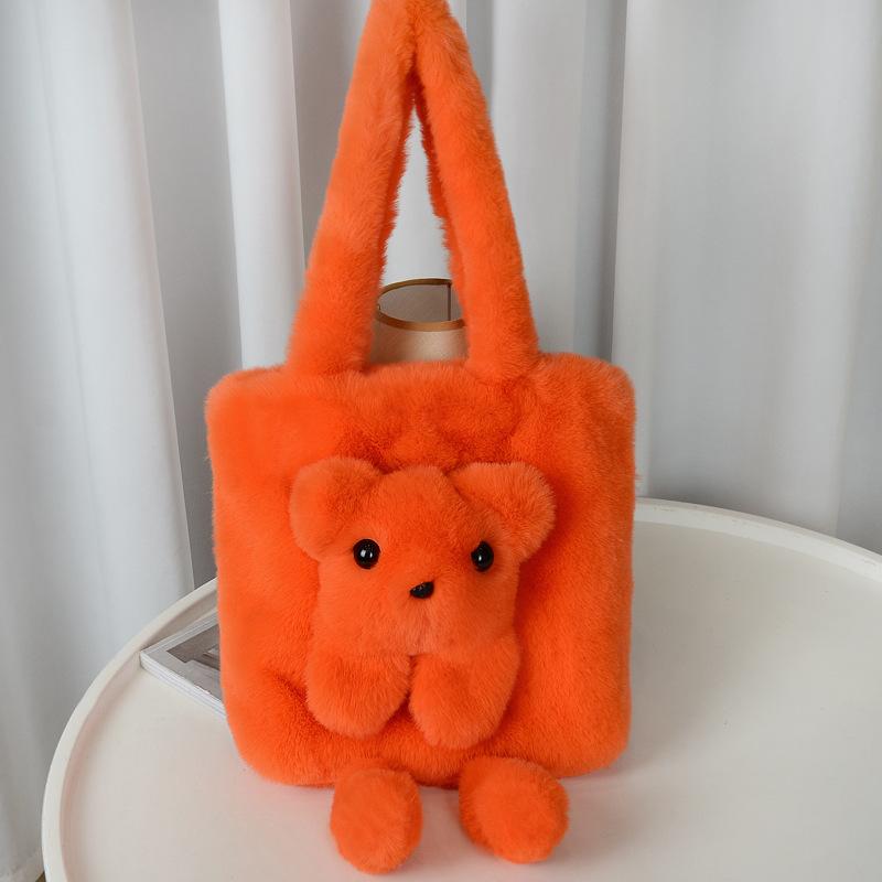 New Plush Doll Shoulder Bag Cute Niche Oblique Straddle Women's Bag Imitation Mink Hair Contrasting Color Bear Doll Tote Bag