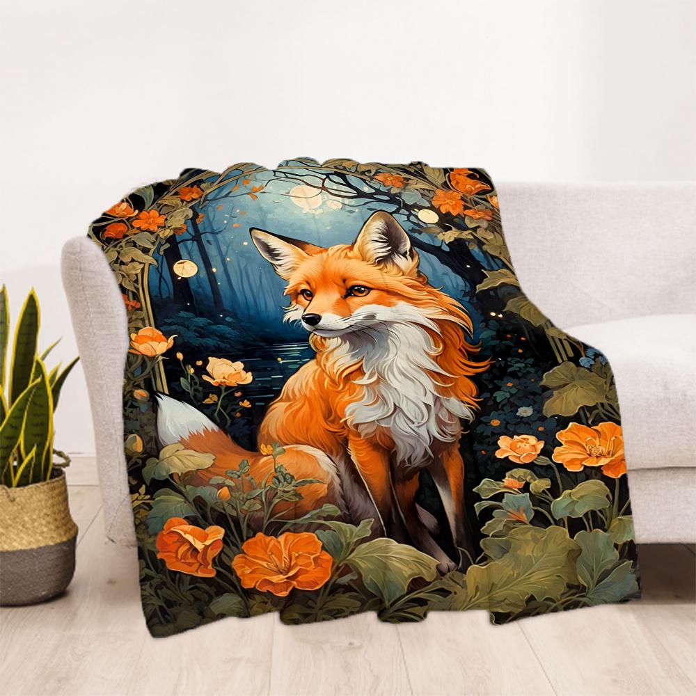 1 Stück Fuchs Waldblumen Flanelldecke, Bequeme und Warme Decke, für Camping Sofa Bett und Couch Büro016