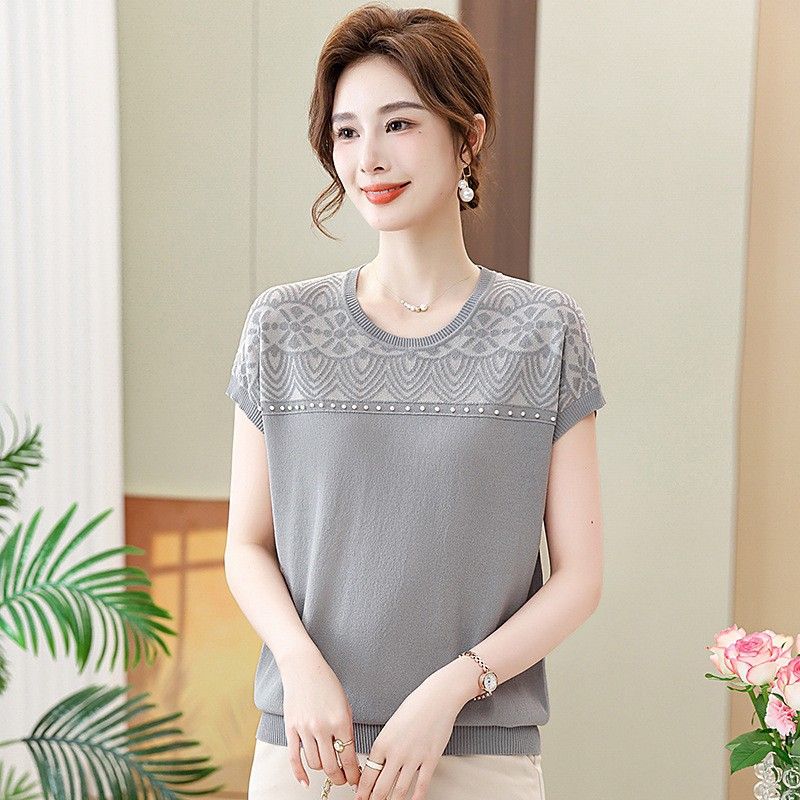 Summer Women's Ice Silk Short Sleeve T-shirt Jacquard Round Neck Loose Casual Mom Outfit Thin Top