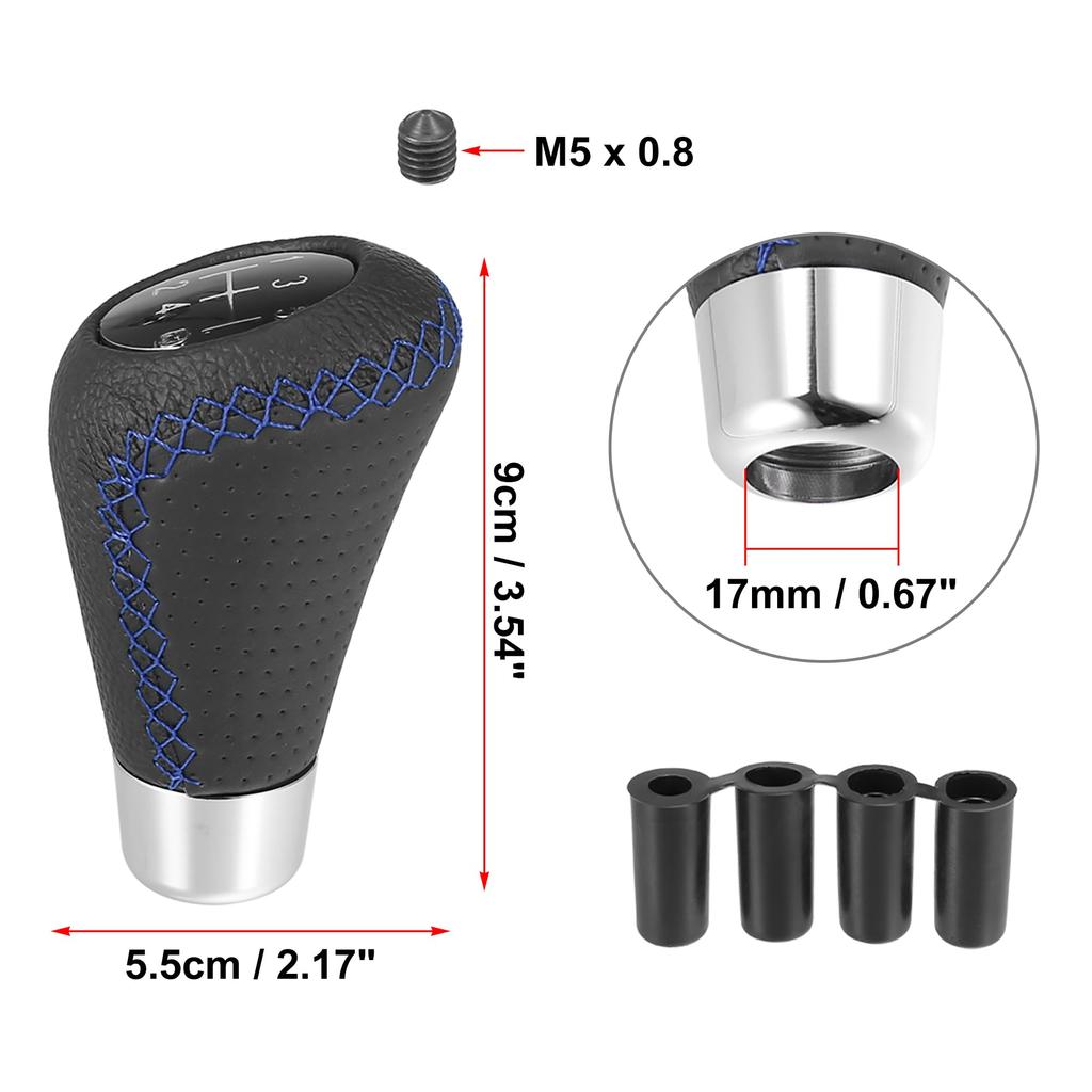 uxcell Black Universal 5-Speed PU Leather Manual Stick Shift Knob Auto Car Gear Lever Shifter with Hole Blue Stitching