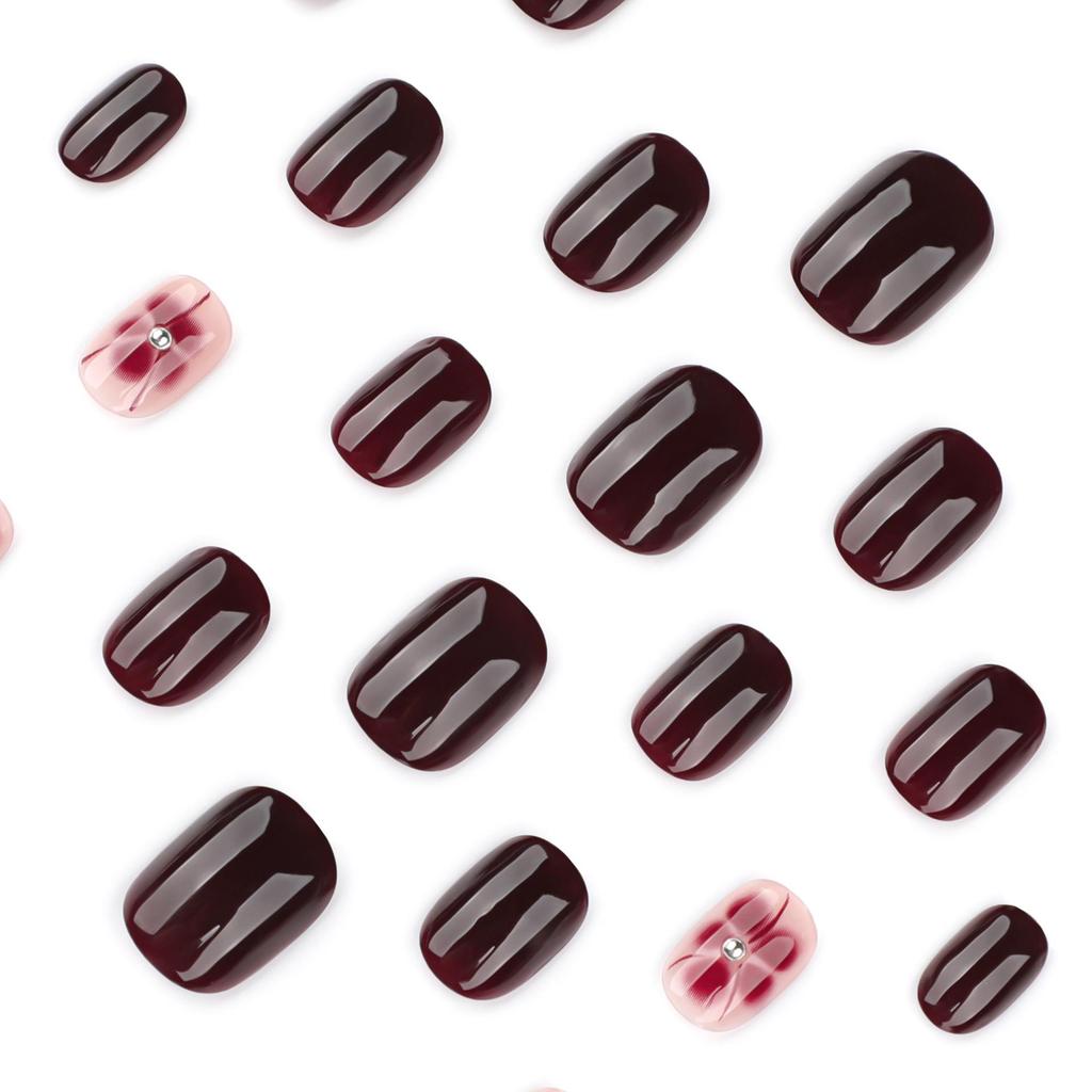 Winnoczerwone Kwiatowe Paznokcie Krótkie z Cyrkoniami - Jesień/Zima Noszalna Sztuczna Artystyczna Manicure