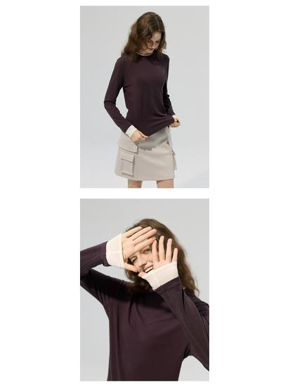 Merino Wool Seamless Color Block Two-Piece Sports Long Sleeve T-Shirt
