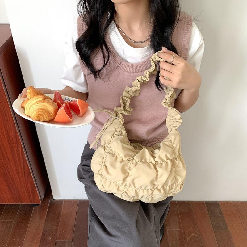 New pleated puff cloud bag solid color fashion shoulder messenger bag casual large capacity nylon dumpling bag