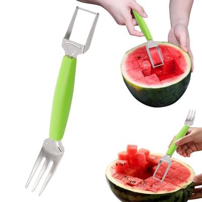 Wassermelonenschneider, Edelstahl, 2-in-1-Gabelschneider, tragbarer Fruchtwürfelschneider, leichter Wassermelonen-Gabelschneider für Picknicks und Partys