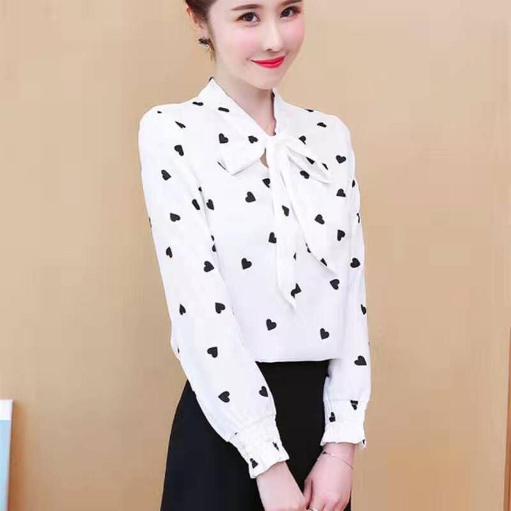 

Fashion Women Casual Long Sleeve Printed Bow Collar Casual Tops Ladies Shirts M