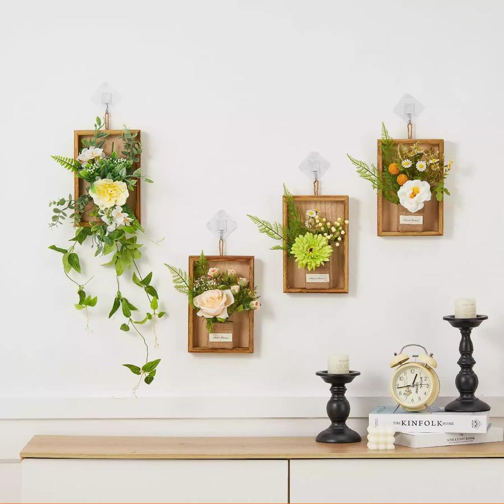 Retro Wall Decoration Pendant Wall Mounted Wooden Flower Box Simulated Flower Pendant Wall Accents Decoration Crafts