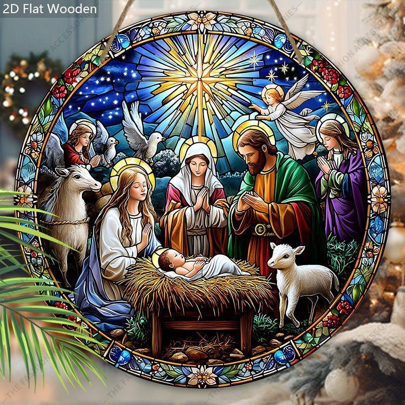 Pingente de cena da Natividade da noite sagrada, decoração de paredes ou portas de casa, madeira plana 2D, decoração de Natal, presentes para amigos e família