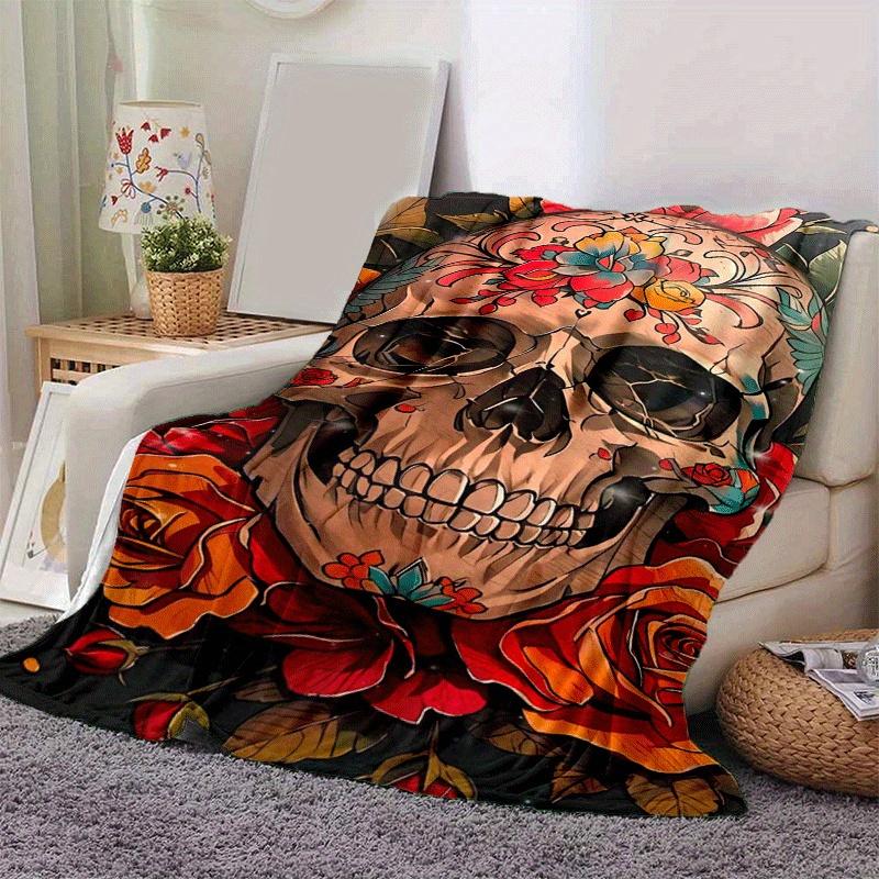 1pc Skull Printing Lightweight Flannel Blanket, Comfortable and Warm Blanket, for Camping Sofa Bed and Couch Office, Gift