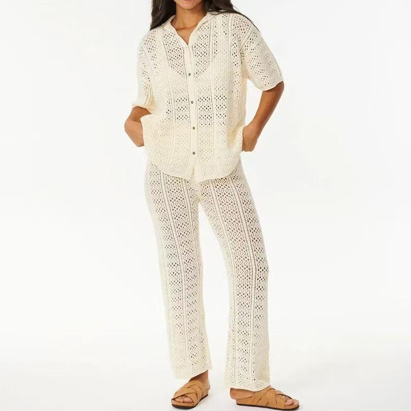 

Western Style New Casual Knitted Hollow out Top Trousers Set Knited Top and Pants Set Milky White M