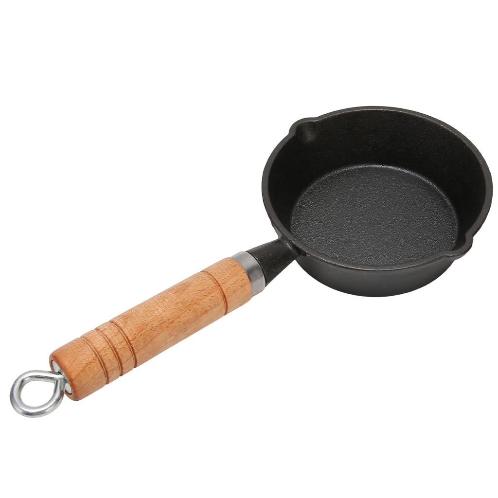 Frying Pan Cast Iron Skillet Drip Spouts Wooden Handle Stain Resistant Quick Heat Easy to Clean Cook Pan