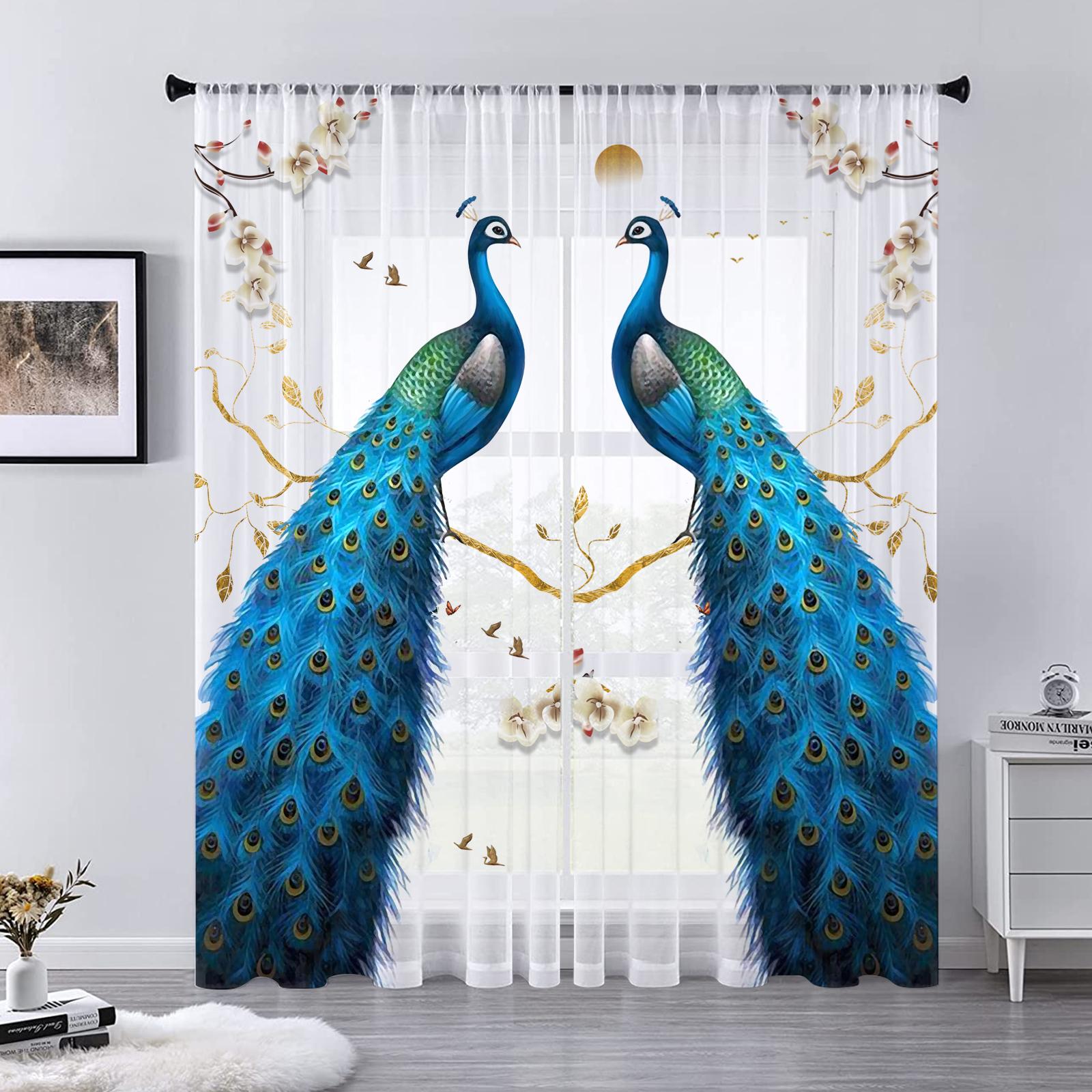 

Modern Animal Peacock Forest Stone Tulle Window Curtains Living Room Bedroom Voile Drapes Decoration Light Filtering Made Of Polyester Area Decor W100*H130(CM)-Hooks&2PCS