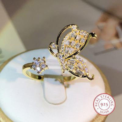 Exquisite Butterfly Butterfly Five-Pointed Star Opening Ring  Sterling Silver Elegant Party Birthday Jewelry Gift