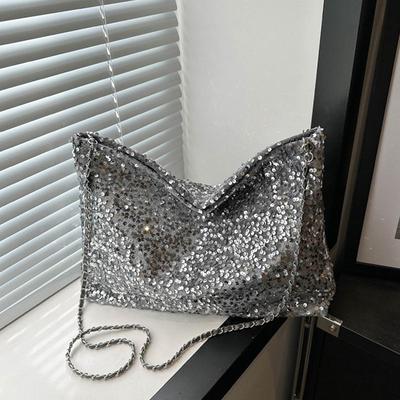 Large Capacity Shoulder Bag for Women Sequin Shine Handbag Slouchy Solid Color Crossbody Bag Trendy Underarm Bag for Work Travel Shopping