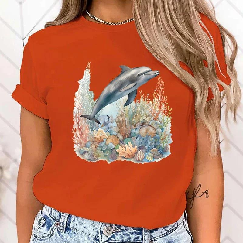 Premium T-shirt Funny Dolphin Print T-Shirts For Women Summer Round Neck Tee Shirt Femme Fashion Casual T-Shirts Fast Delivery