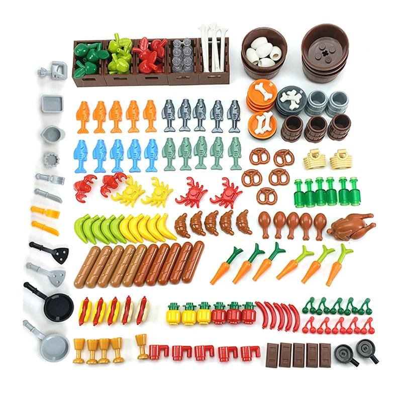 Food Brick Playset City Series Friend Accessory Parts Bread Chips Roast Chicken Pizza Hot Dog Fish Fruit Carrot Basket Classic DIY Block Bricks