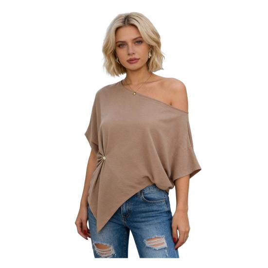 Women T-shirt Skew Collar Batwing Short Sleeve Waist Tight Design Tee Shirt Pure Color Loose Fit Soft Stretchy Tee XL хаки