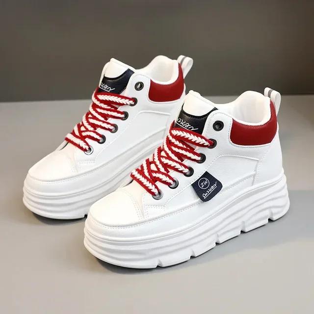 Women Sneakers Thick Sole Increase Walking Shoes for Women Leather High Top Boots White Vulcanized Shoes