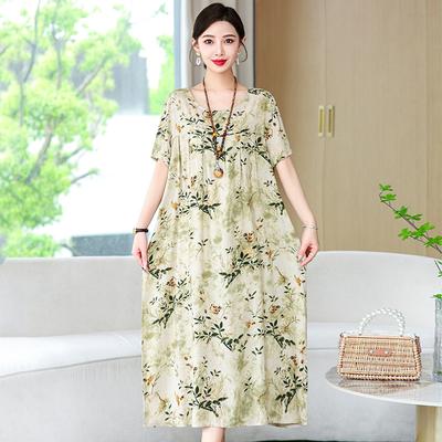 Cotton Silk Dress Women's Summer Large Size Temperament Loose Printing Casual Cotton and Linen Long Skirt