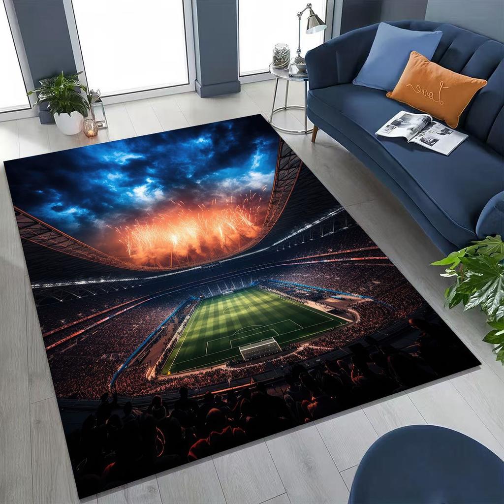 3D Grüner Schwarzer Fußballfeld Stadion Teppich für Schlafzimmer Wohnzimmer Sofa Zuhause Fußabtreter Dekor, Größere Kinder Spiel Rutschfeste Bodenmatte