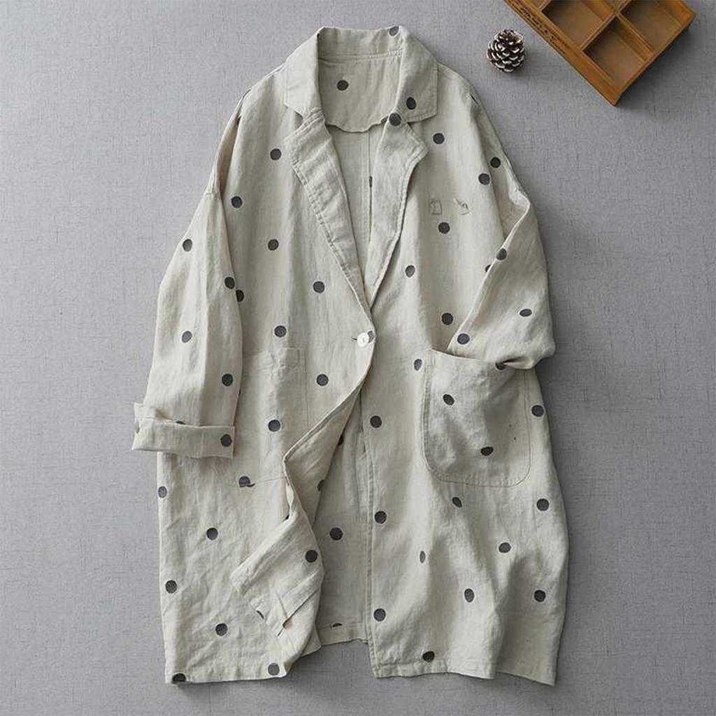 Women's Linen Polka Dot Artistic Long Sleeve Jacket Japanese Loose Mid-Length Suit With Thin Windbreaker