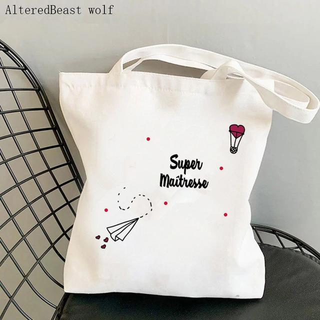 French Thank You Mistress Women Canvas Kawaii Shopping Shoulder Bag Merci Atsem Harajuku Bag Gift for Teacher Shoulder Bags