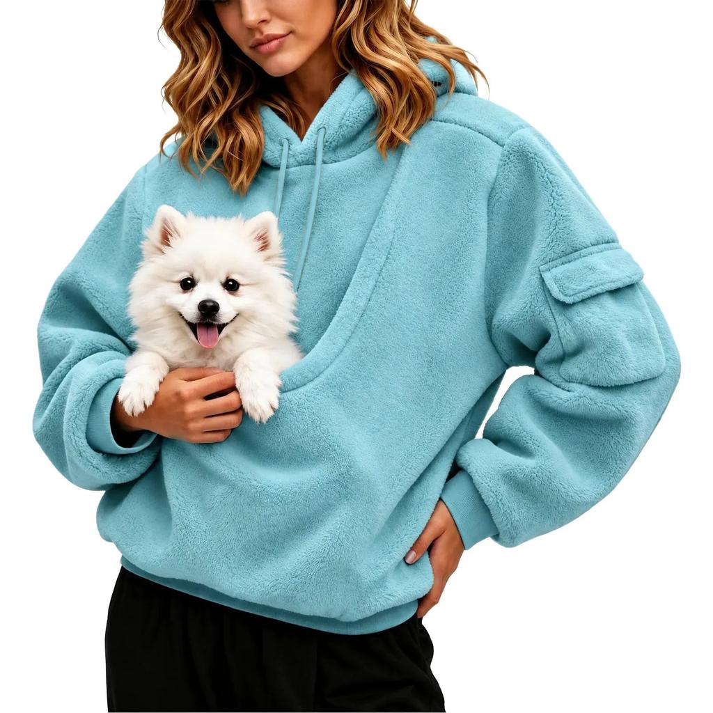 Felpa Casual da Donna in Flanella con Tasca per Animali, Manica Lunga, Pullover