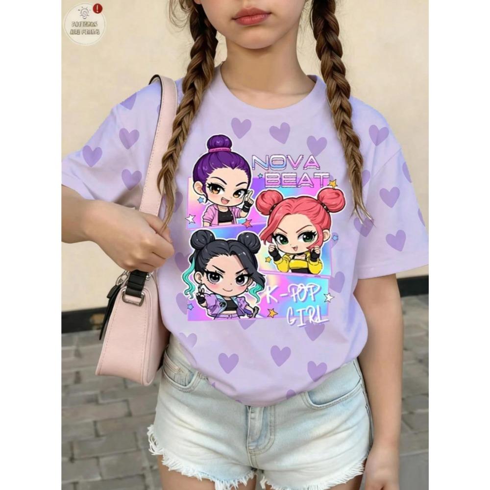 Girls K-Pop Graphic T-Shirt - Nova Beat Chibi Print Purple Heart Pattern Casual Tee for Kids 110