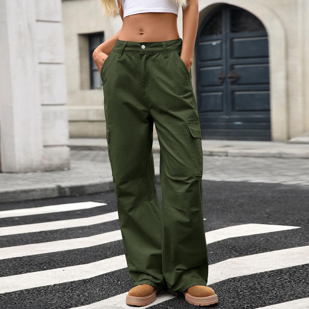 Women's Casual Fashion Solid Color Elastic Waist Pockets Wide Leg Straight Jeans Pants