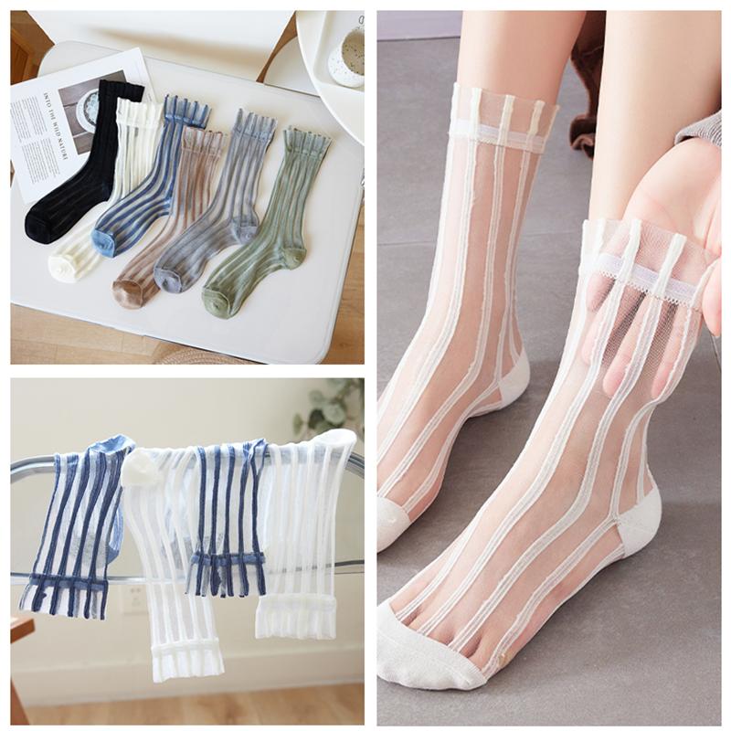 Summer Ultra-thin Women Socks Transparent Crystal Silk Socks Korean Fashion Striped Harajuku Streetwear Nylon Loose Long Socks