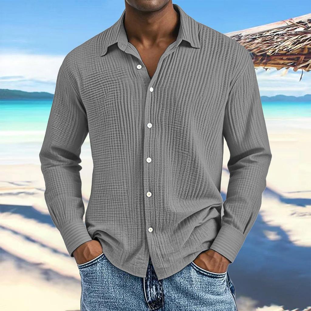 Men's Cotton Shirts Long Sleeve Casual Button Down Textured T-Shirt Loose Vacation Beach Lightweight Topsrt