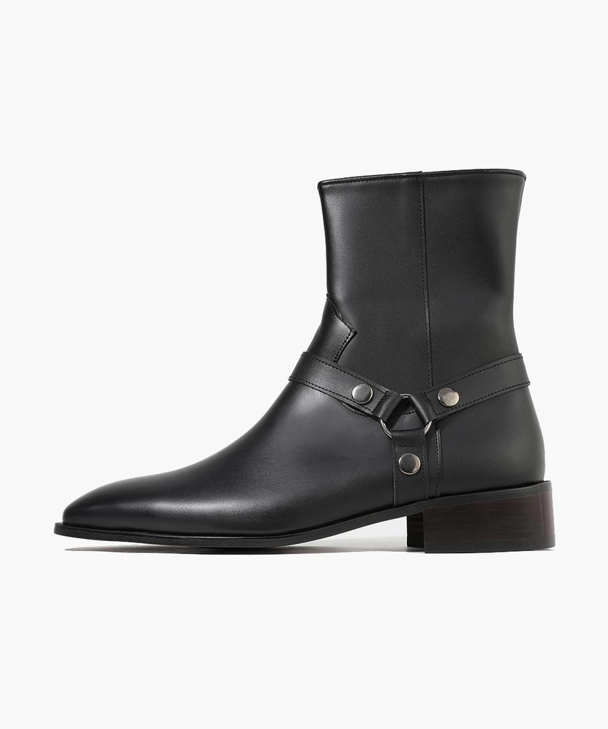 Firenze Atelier Minimal Square Line Velcro Line Ankle Boots 9500 [Black Fg]