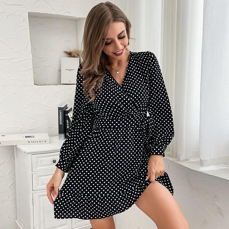 Women's Fashion Spring Fall Polka Dot Print Long Sleeve V-Neck High Waist Casual Dresses