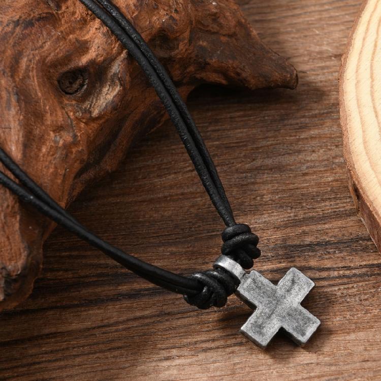 Lightweight Adjustable Braided Leather Necklace Crucifix Pendant Vintage Accessory For Everyday Fashion Jewlery