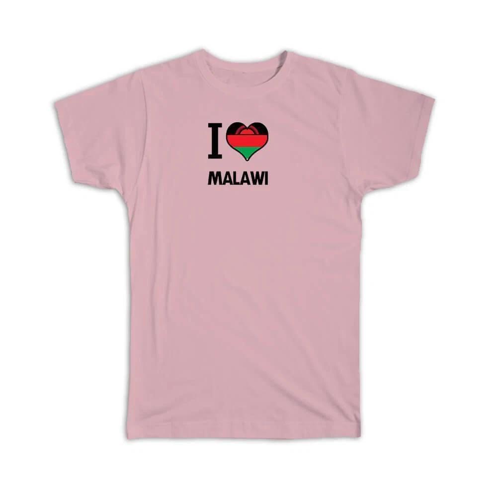 Gift T-Shirt : I Love Malawi Flag Heart Country Crest Malawian Expat 4XL