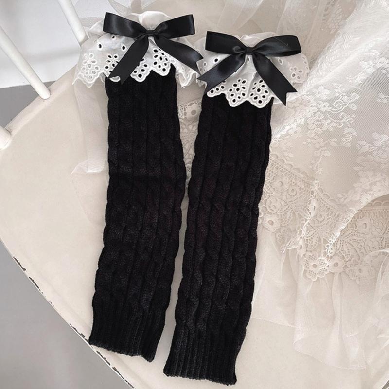 Winter Autumn Twist Cable Knitted Leg Warmers Cute Bowknot Ruffled Lace Foot Covers Middle Tube Calf Socks for Women