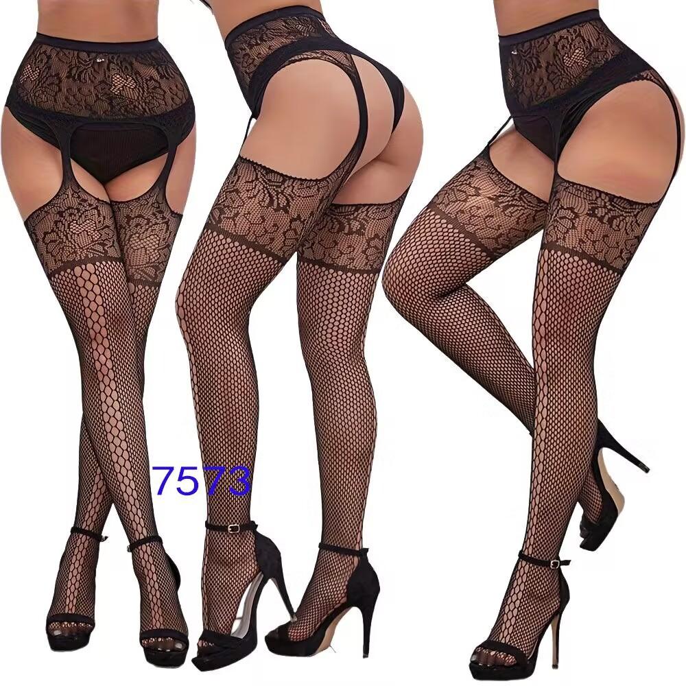 New style open crotch lace transparent suspender black silk sexy fishnet stockings non-slip one-piece suspender belt for women