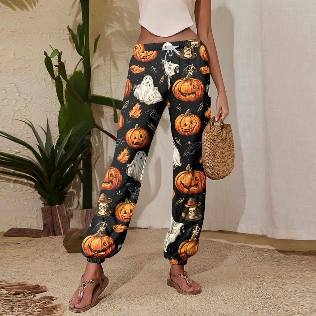 Women's Halloween Print Casual Jogger Pants with Drawstring Elastic Waist and Cuffed Hem