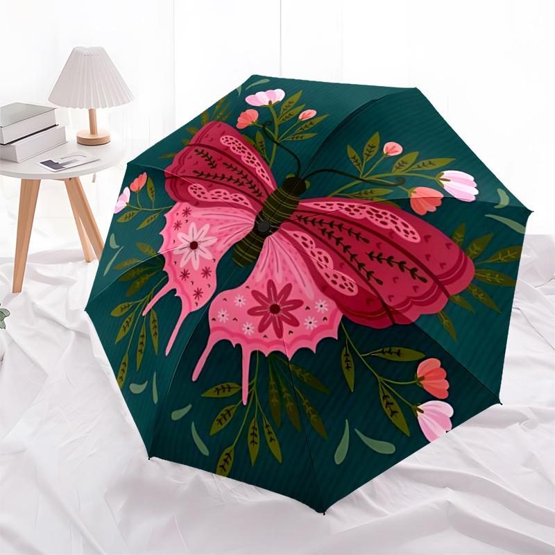 1pc Butterfly Floral Pattern Automatic Open/close Folding Umbrella, Compact Portable Travel Umbrella, Perfect Birthday/Christmas, Cute Umbre