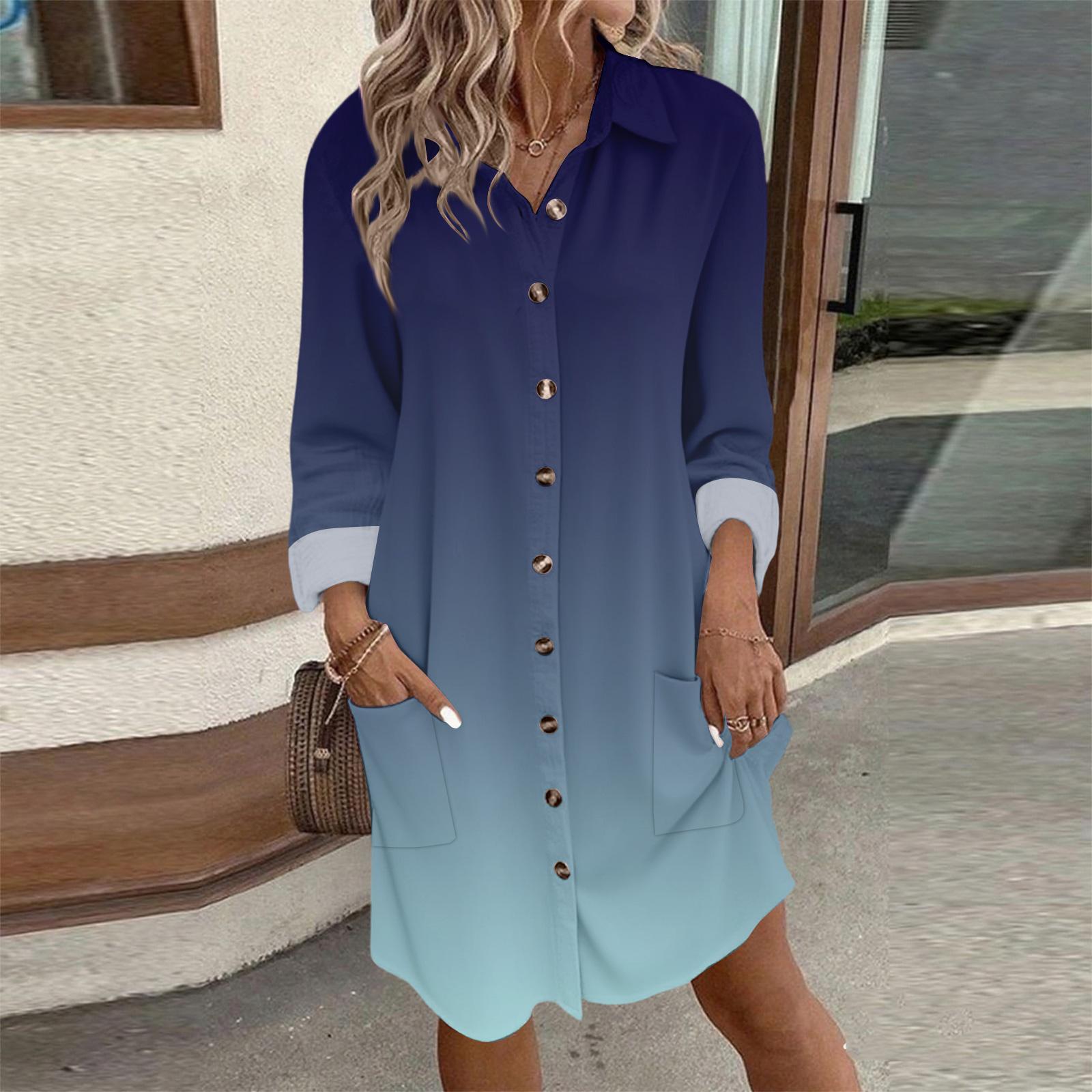 

Women s Fashionable Temperament Autun And Winter Button Lapel Pocket Long Sleeve Gradient Print Dress XXL синий