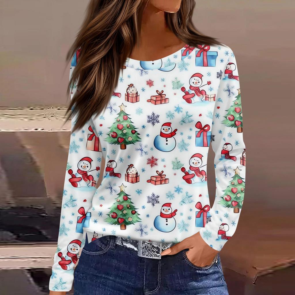 Women's Fashion Casual Slit Hem Round Neck Long Sleeve Loose Christmas Printed T-Shirt Ladies Top