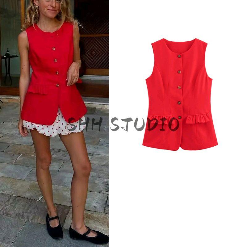 Spring and Summer Women's Clothing Commute Style Minimalist All-Matching Slim Fit Round Neck Sleeveless Single-Breasted Short Vest Vest