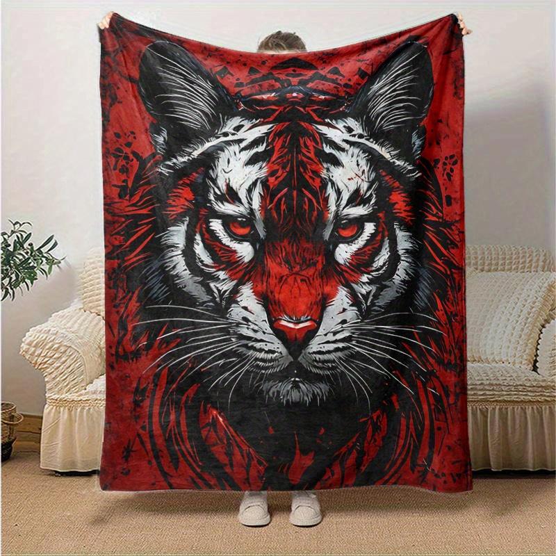 1pc Red and Black Tiger Blanket  Cute Cartoon Throw for Home Decor, Gift Idea, Living Room, Travel, Camping, Car Blankets